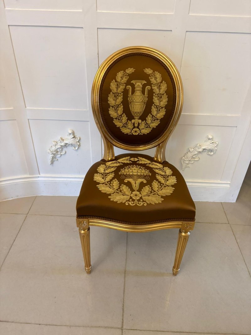 Large Rare Suite of 42 Matching Louis XVI Style Giltwood Dining Chairs with Silk Damask Upholstery - Image 9